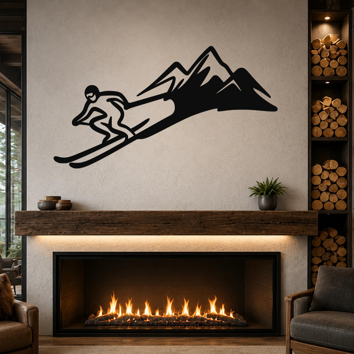 Black metal skier and mountain wall art with dynamic silhouette cutout, mounted above a fireplace in a living room.