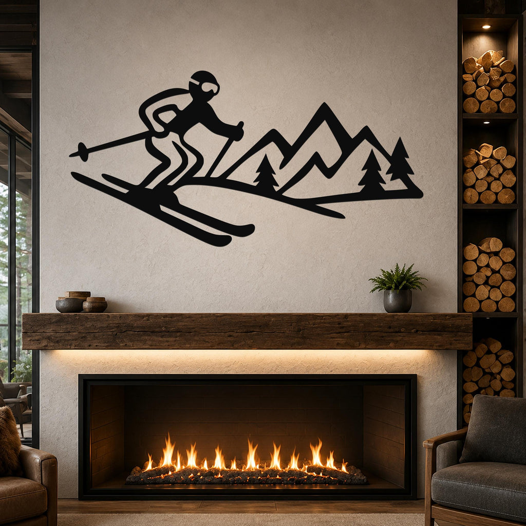 Black metal wall art featuring a skier silhouette and mountain range with pine trees, mounted above a fireplace in a living room.