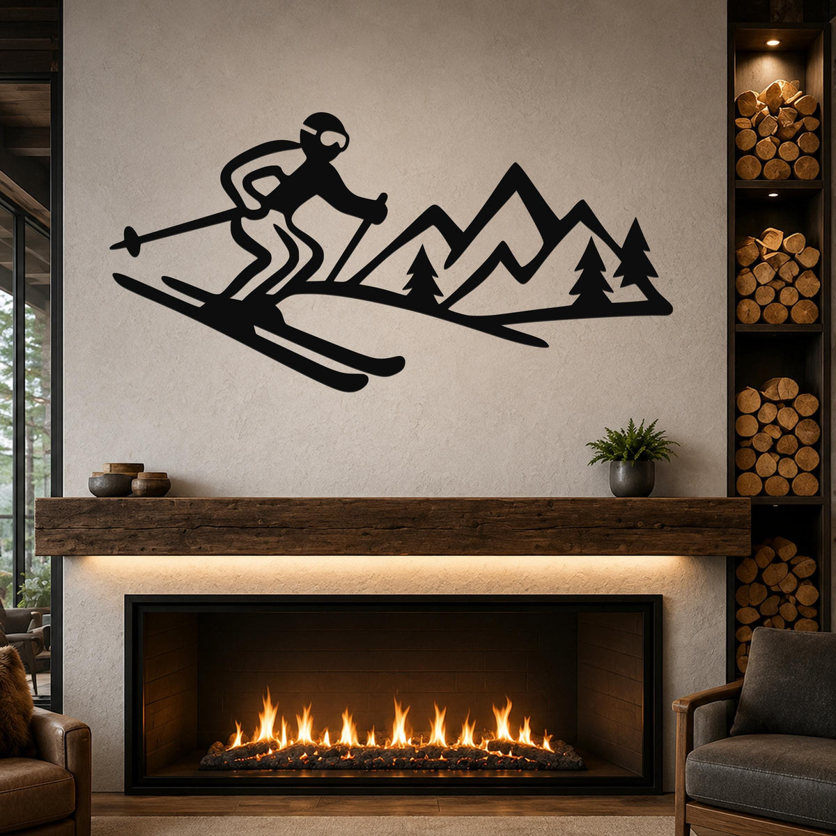 Black metal wall art featuring a skier silhouette and mountain range with pine trees, mounted above a fireplace in a living room.