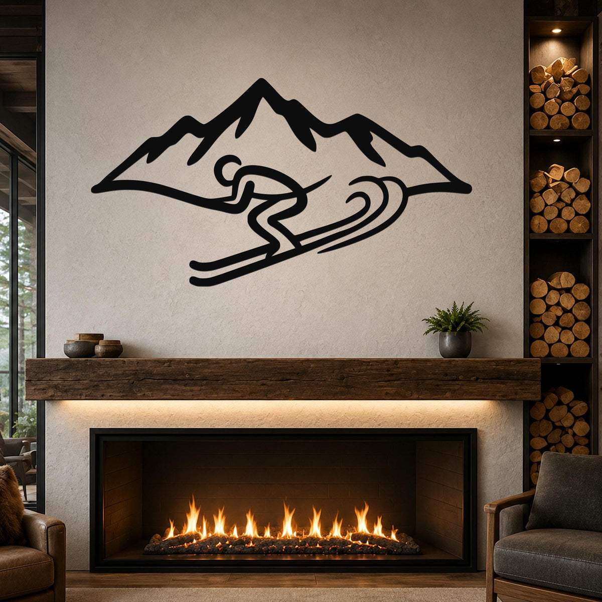 Black metal wall art featuring a skier silhouette in motion against a mountain range, mounted above a fireplace in a living room.