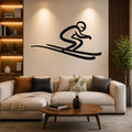 Black metal wall art of a minimalist skier silhouette with motion lines, mounted above a beige sofa in a living room.