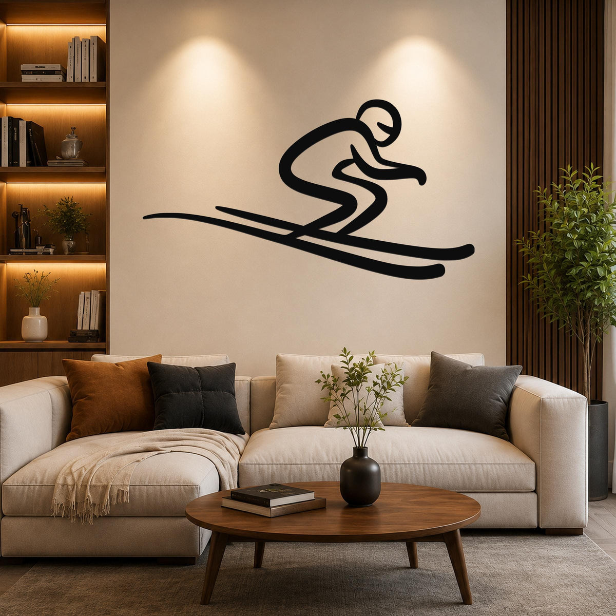 Black metal wall art of a minimalist skier silhouette with motion lines, mounted above a beige sofa in a living room.