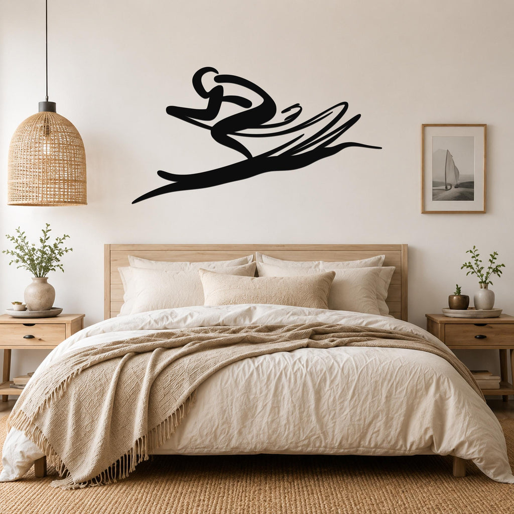 Black metal wall art in a dynamic skiing silhouette, mounted above a bed in a neutral bedroom.