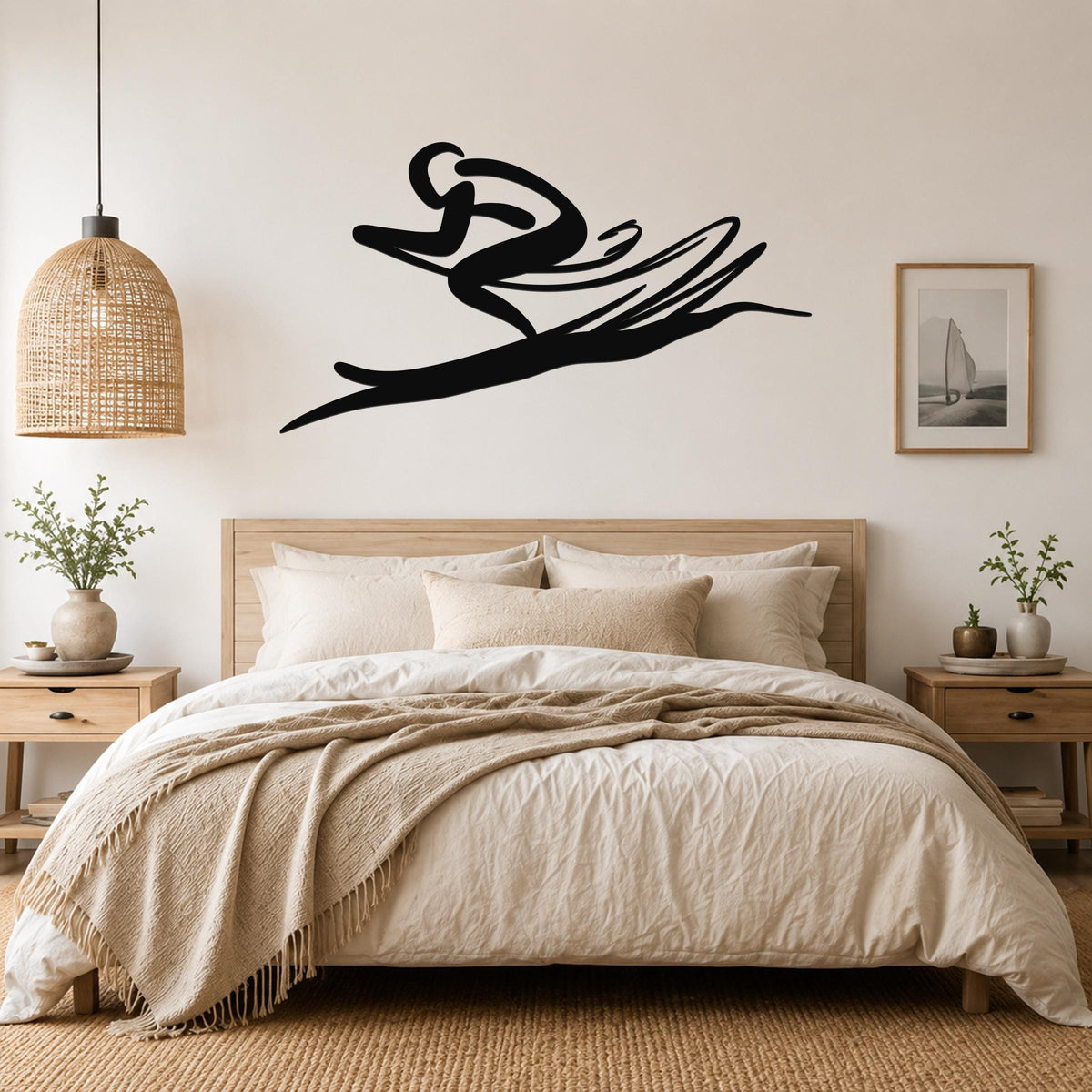 Black metal wall art in a dynamic skiing silhouette, mounted above a bed in a neutral bedroom.