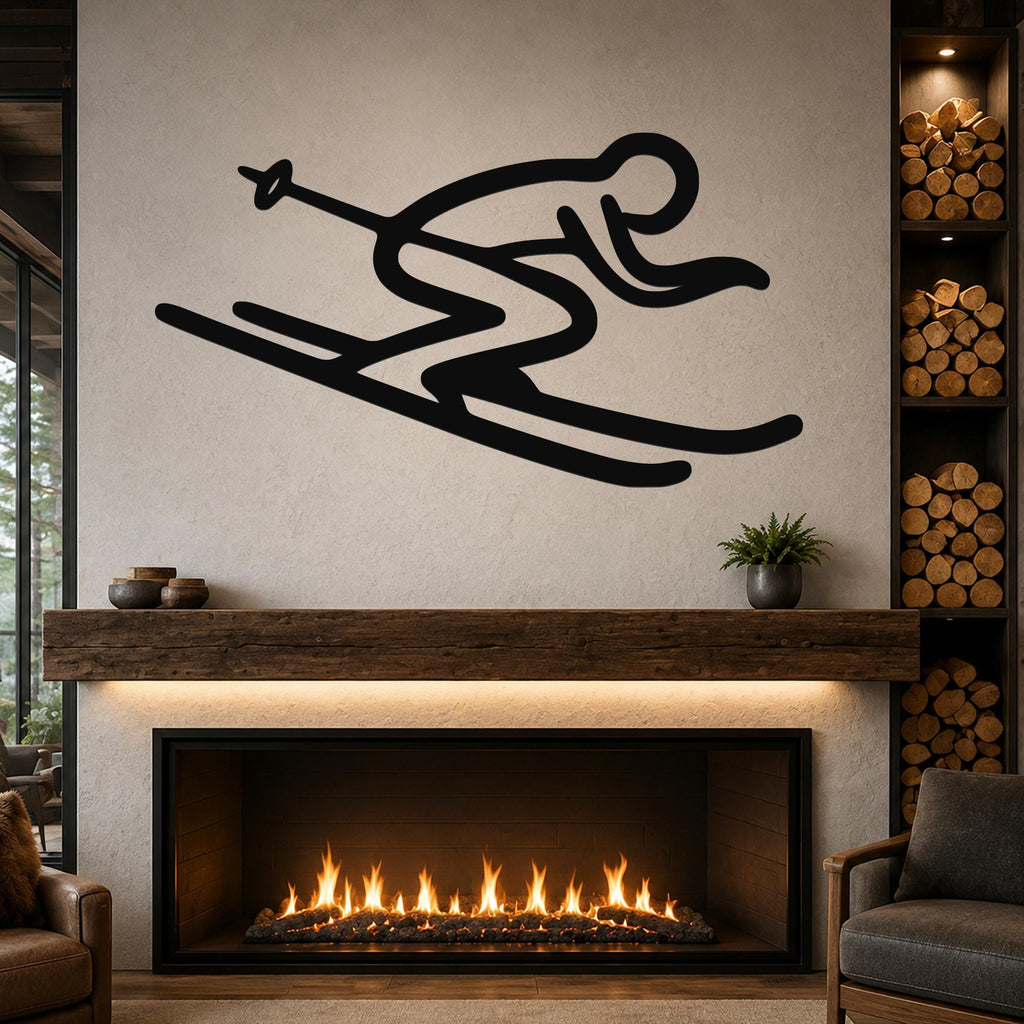 Black metal wall art in a silhouette of a skier in motion, mounted above a fireplace in a living room.