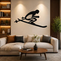 Black metal wall art of a skier silhouette with ski poles and skis, mounted on a living room wall above a beige sofa.