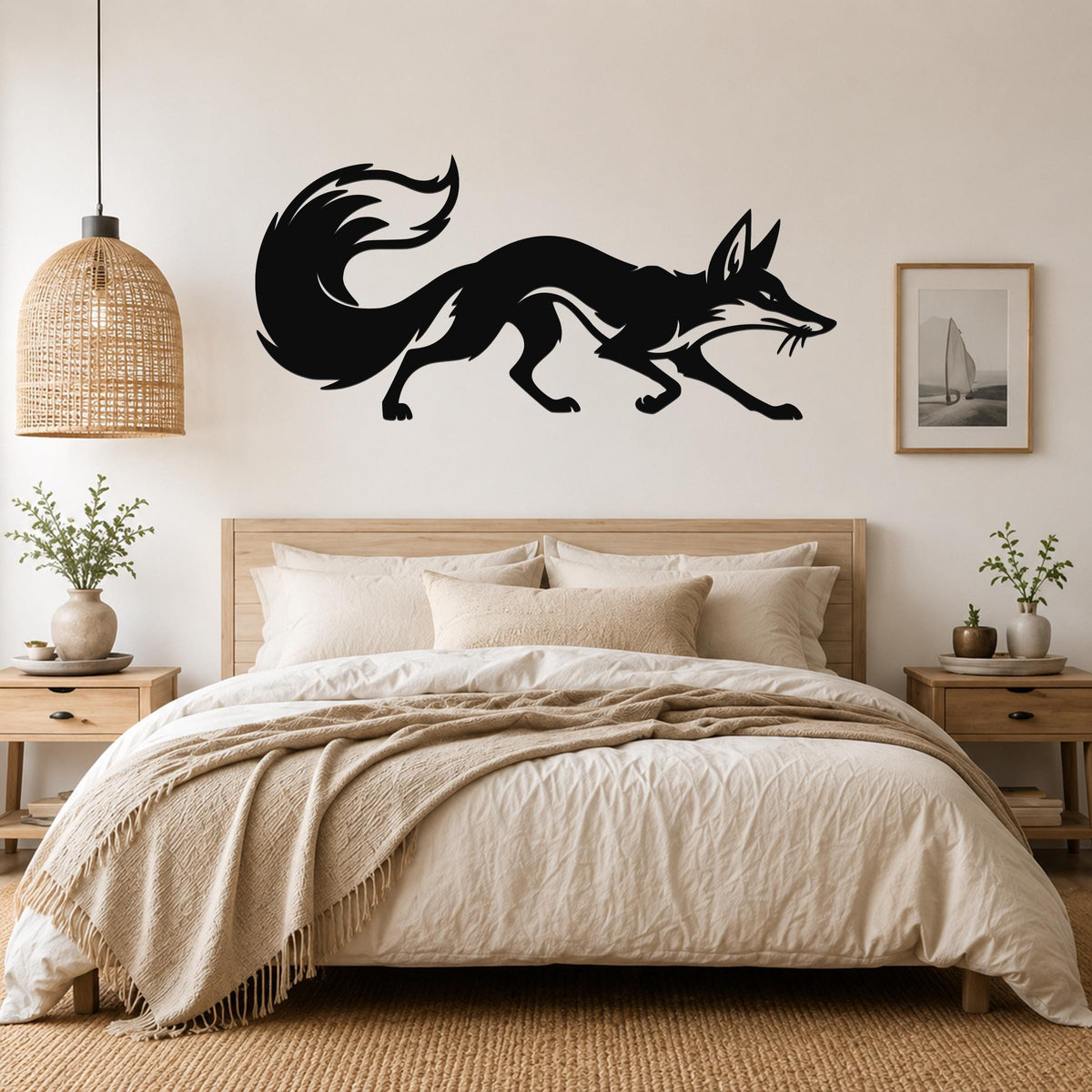 Black metal fox wall art silhouette with motion lines, mounted above a bed in a neutral bedroom.