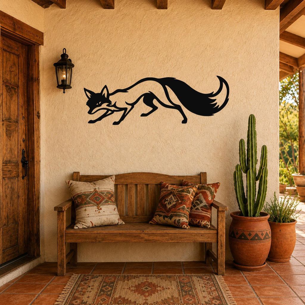 Black metal fox wall art silhouette with motion-line cutouts, mounted above a wooden bench on a stucco wall in a rustic patio entryway.
