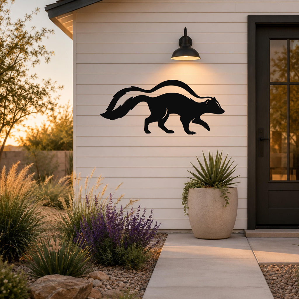 Black metal skunk silhouette wall art mounted on a white horizontal siding wall beside a front door, illuminated by a wall sconce at dusk.