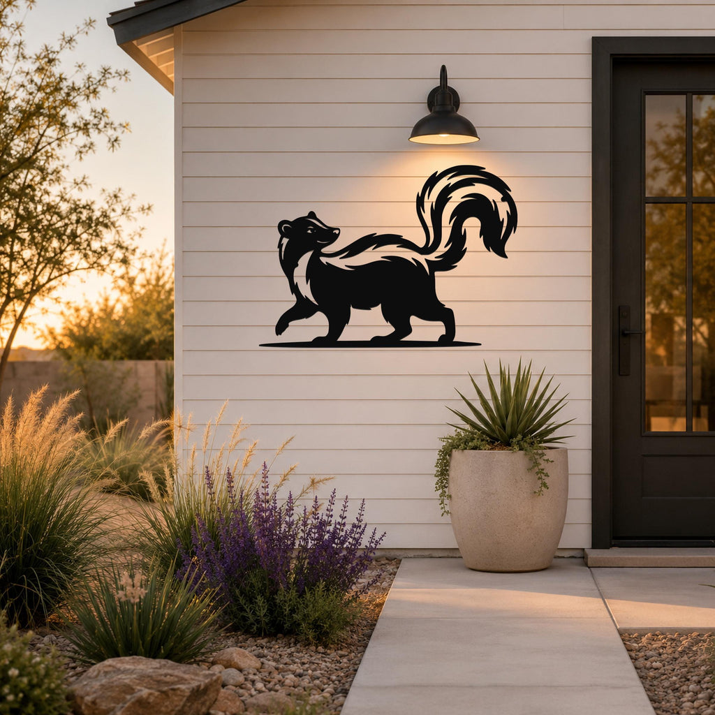 Black metal skunk silhouette wall art with a raised tail, mounted on a white siding exterior wall above a patio with plants and a pathway.