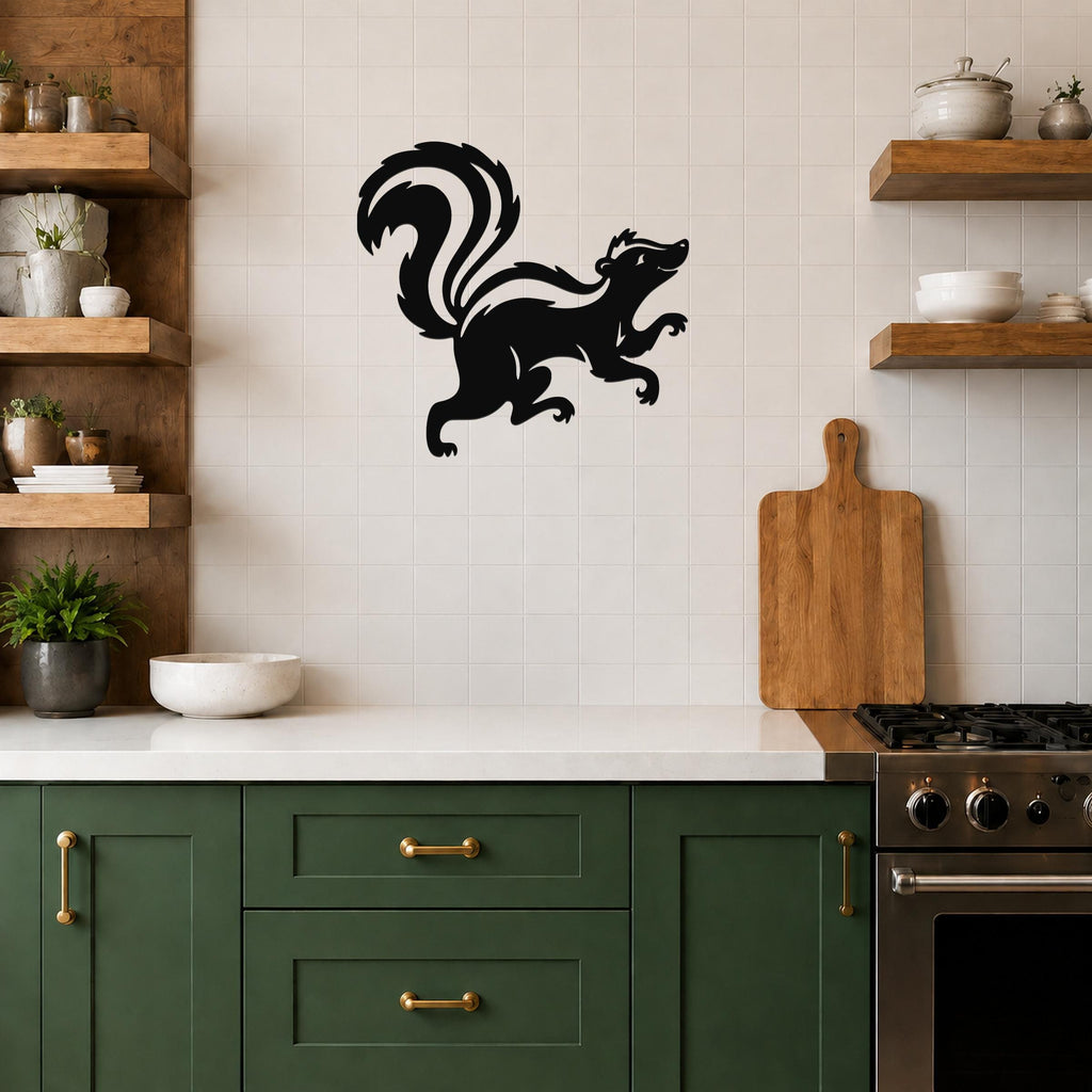 Black metal skunk wall art silhouette with a raised tail, mounted on a white tiled kitchen wall above a counter.