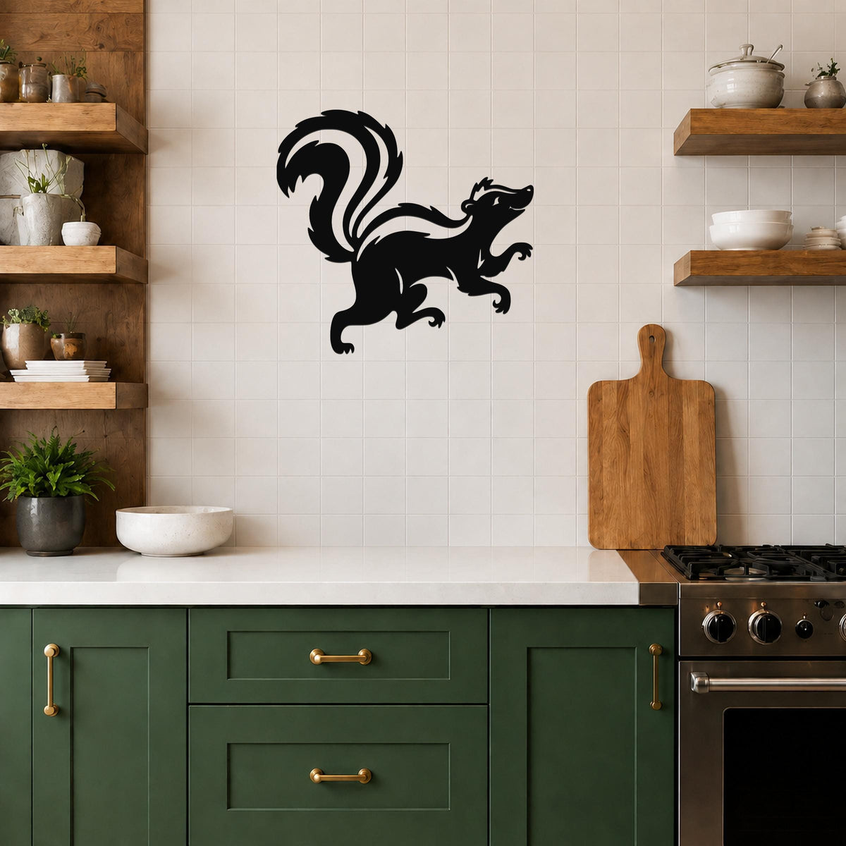 Black metal skunk wall art silhouette with a raised tail, mounted on a white tiled kitchen wall above a counter.
