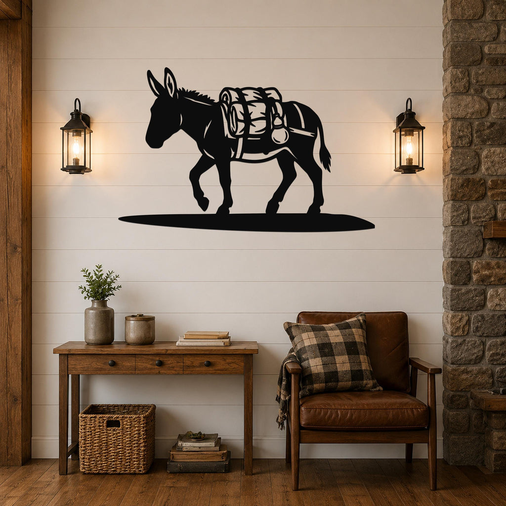 Black metal burro wall art with a backpack silhouette, mounted on a shiplap wall above a wooden console table in a rustic living room.