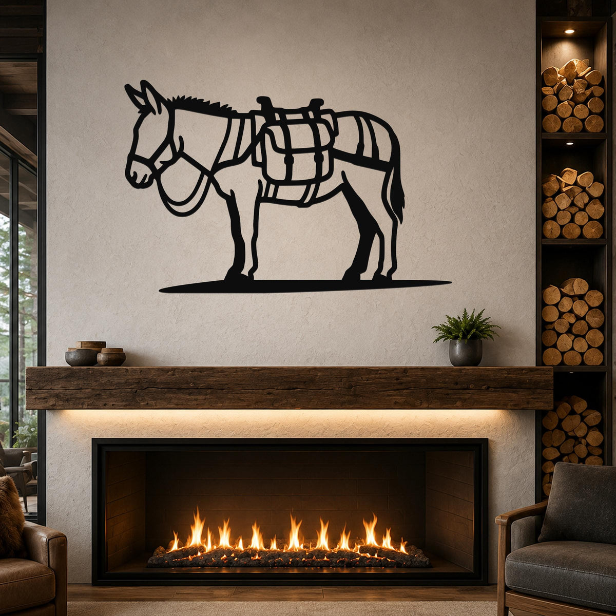 Black metal wall art silhouette of a burro with saddle and pack, mounted above a fireplace in a living room.