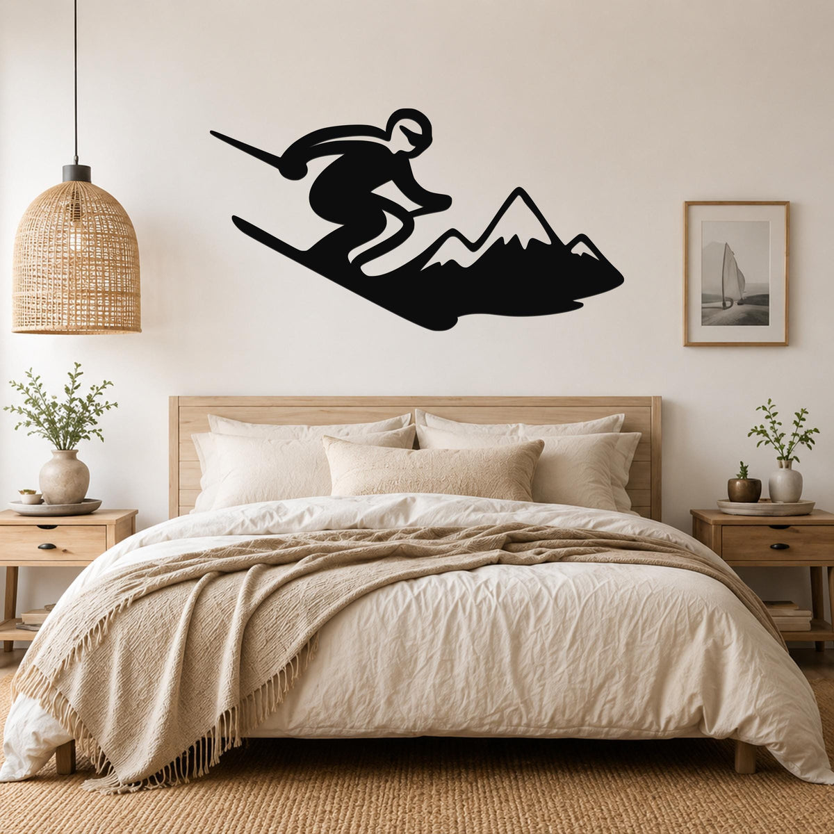 Black metal wall art silhouette of a skier in motion above a bed, mounted on a light-colored bedroom wall.