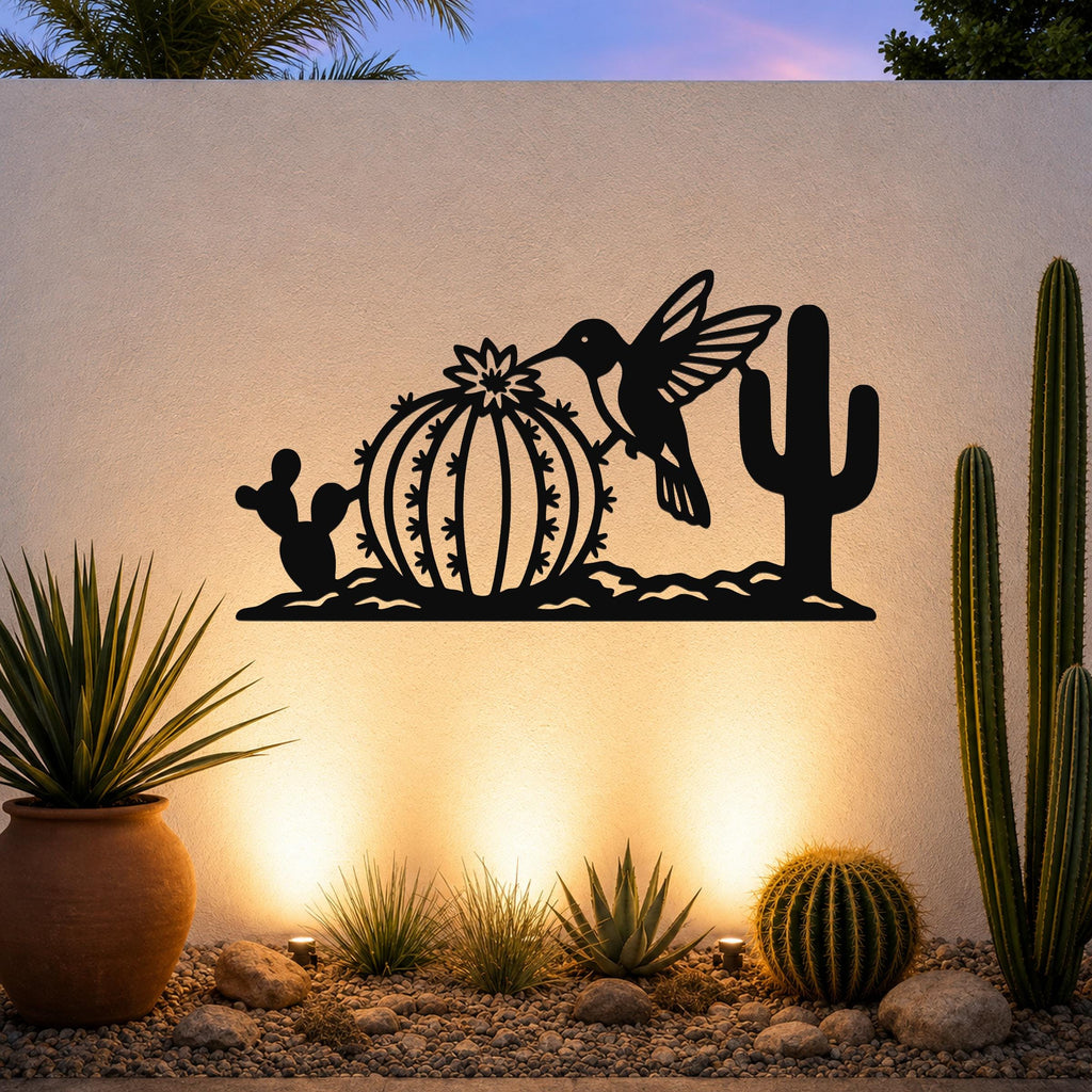 Southwestern Decor Metal Wall Art - Desert Wildlife Sculpture Hummingbird And Barrel Cactus, Weatherproof, Indoor Outdoor Accent