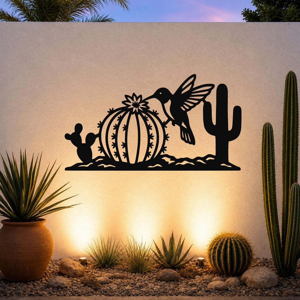 Southwestern Decor Metal Wall Art - Desert Wildlife Sculpture Hummingbird And Barrel Cactus, Weatherproof, Indoor Outdoor Accent