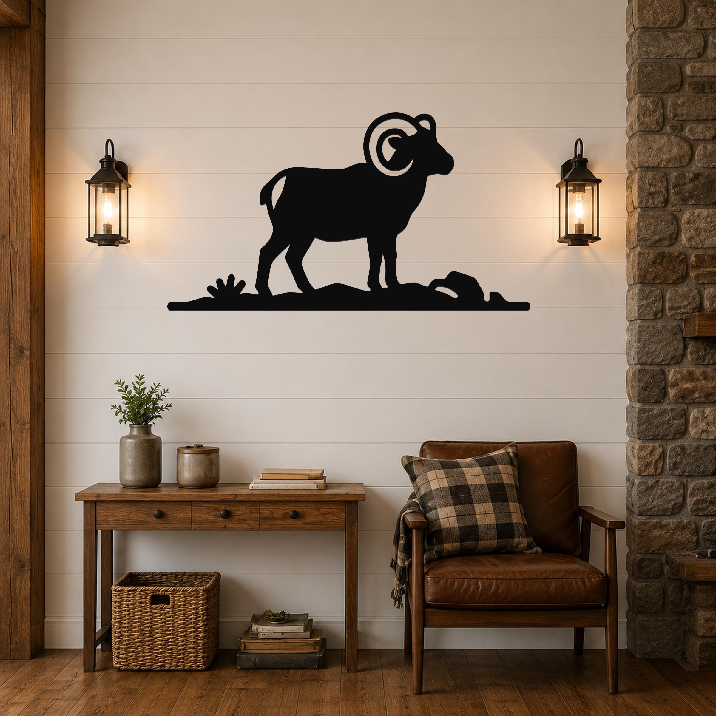 Bighorn Sheep Metal Wall Art: Western Rustic Mountain Silhouette, Steel Craft (Weatherproof, Indoor Outdoor Decor)