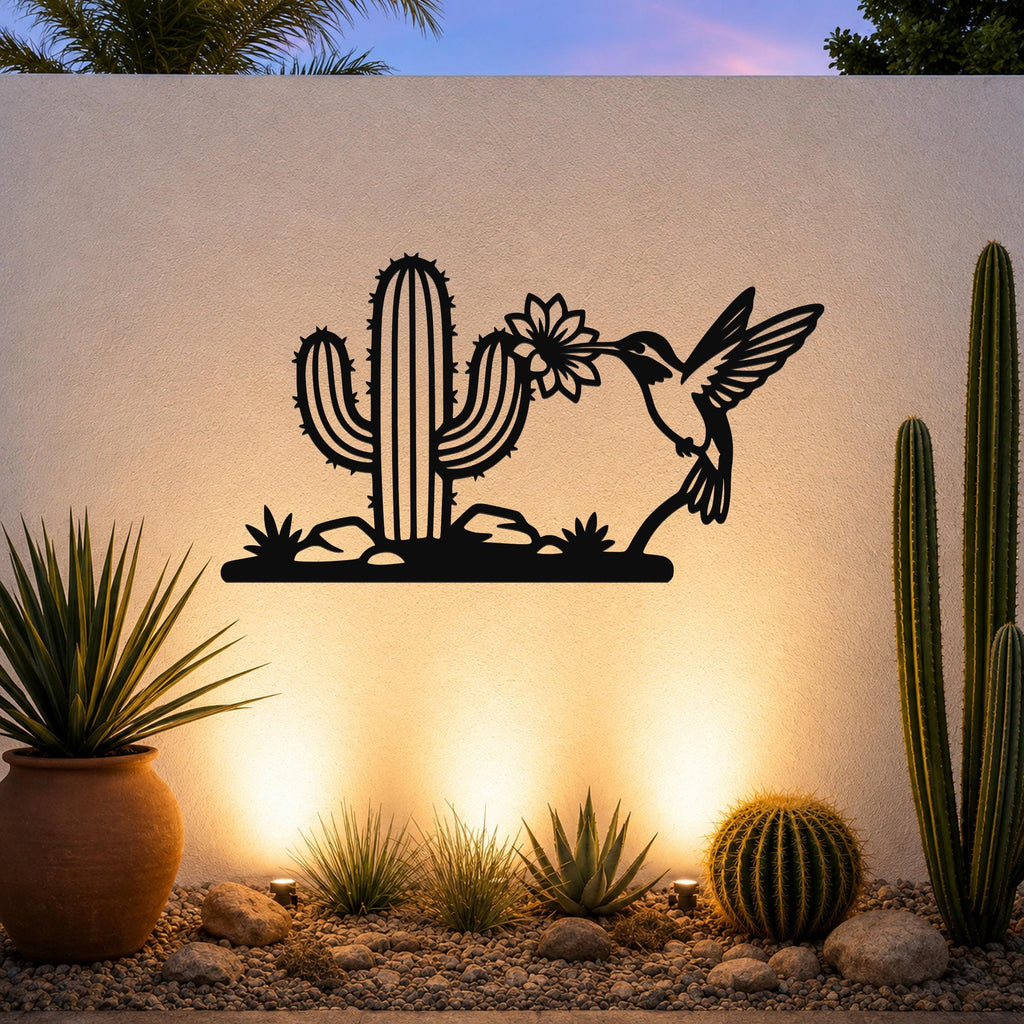 Metal Wall Art Desert Wildlife Sculpture - Sonoran Hummingbird with Saguaro Cactus, Weatherproof Steel, Indoor Outdoor Southwestern Decor