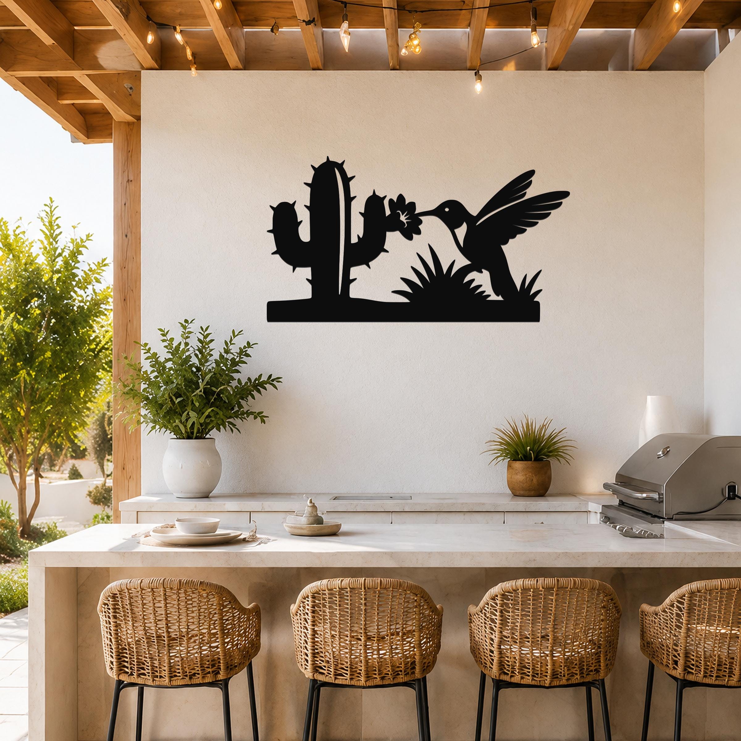 Southwestern Decor Metal Wall Art - Desert Wildlife Silhouette - Hummingbird and Saguaro Design, Steel, Indoor Outdoor Accent