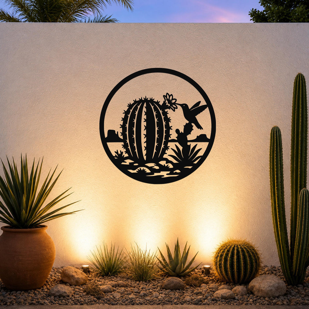Barrel Cactus Metal Wall Art: Desert Hummingbird Silhouette - Weatherproof Steel, Indoor Outdoor Use, Southwestern Style