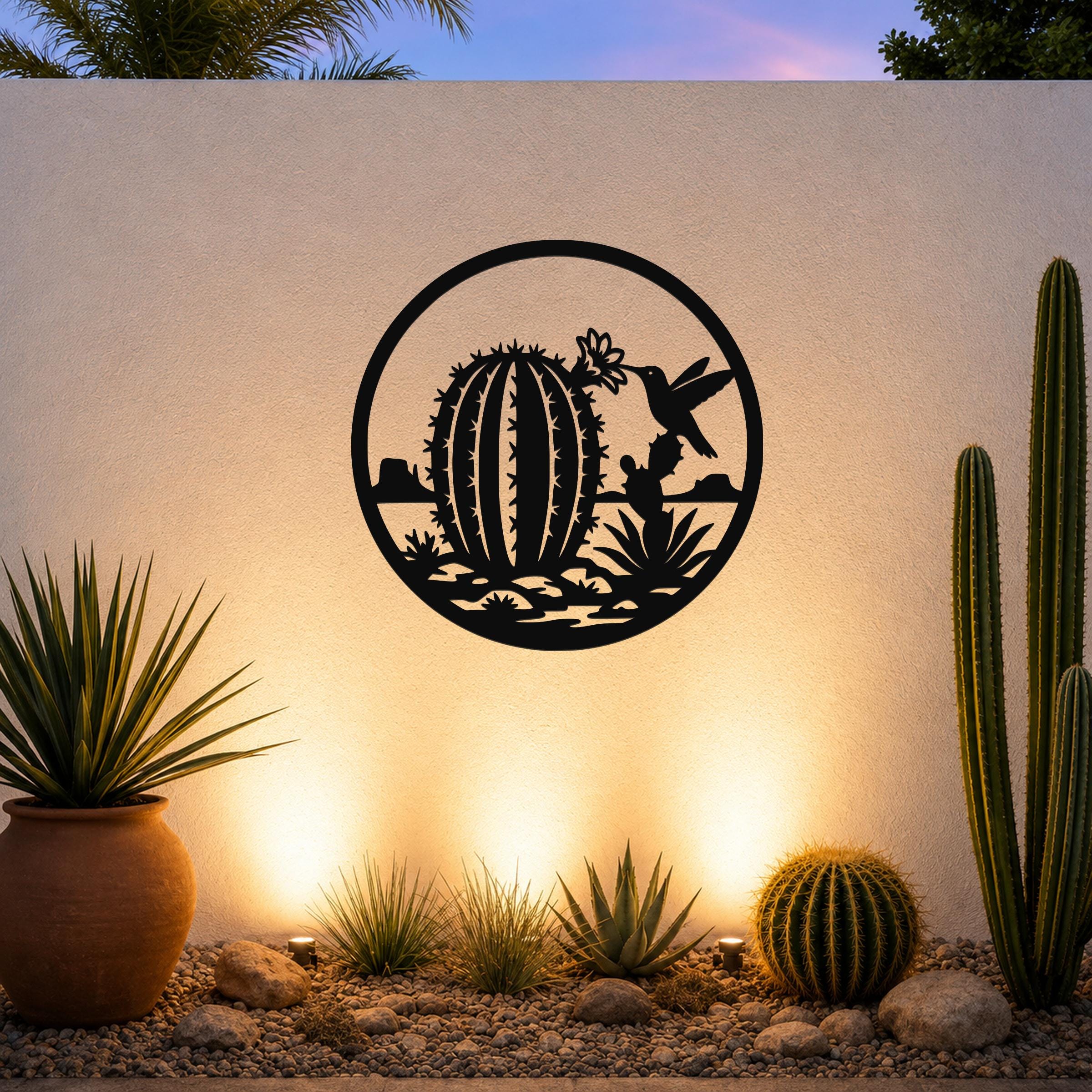 Barrel Cactus Metal Wall Art: Desert Hummingbird Silhouette - Weatherproof Steel, Indoor Outdoor Use, Southwestern Style