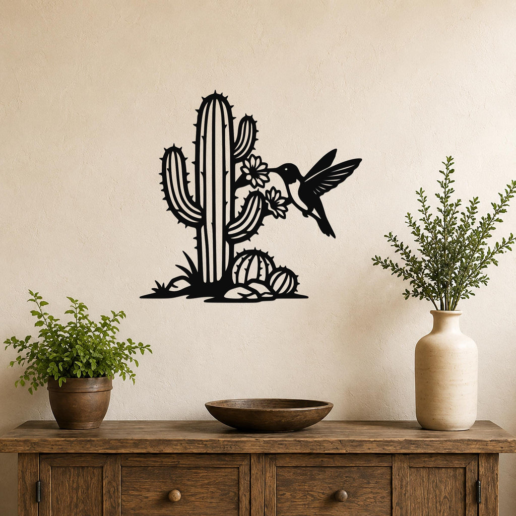 Southwestern Decor Metal Wall Art - Sonoran Desert Scene with Layered Cactus and Hummingbird - Weatherproof Steel, Indoor Outdoor Display