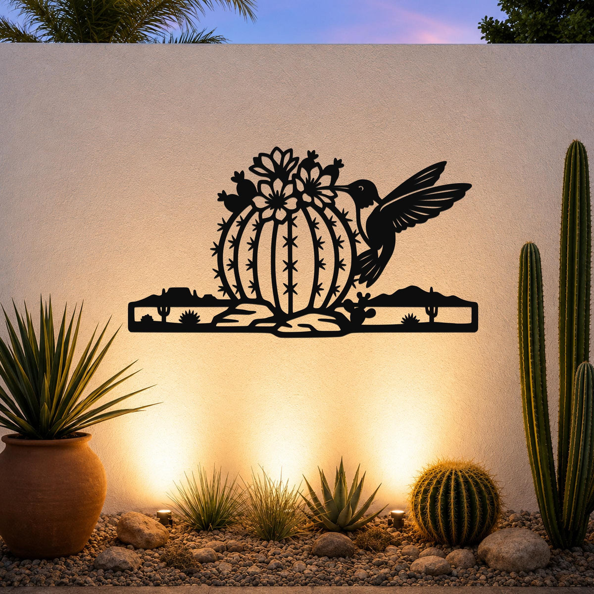Barrel Cactus Metal Wall Art Desert Life Sculpture, Hummingbird Detail (Weatherproof Steel, Indoor Outdoor, Southwestern Style)