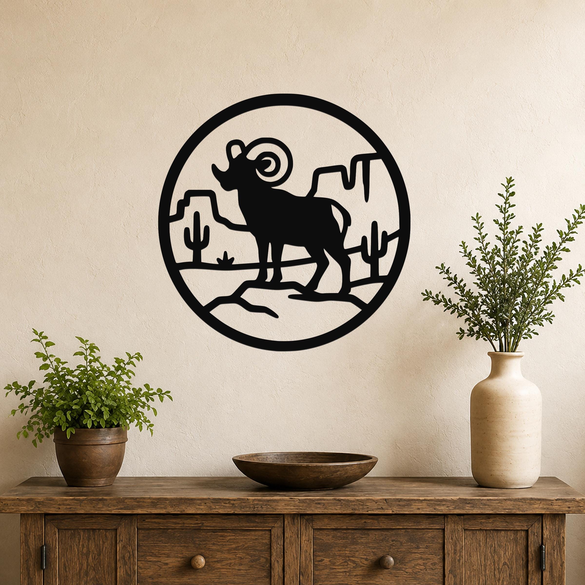 Bighorn Sheep Metal Wall Art - Western Wildlife Decor, Curled Horns Design - Weatherproof Steel, Indoor Outdoor Accent