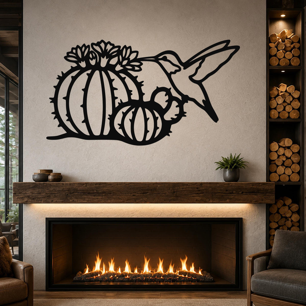 Black metal wall art featuring a hummingbird and barrel cactus with flower cutouts, mounted above a fireplace in a living room.