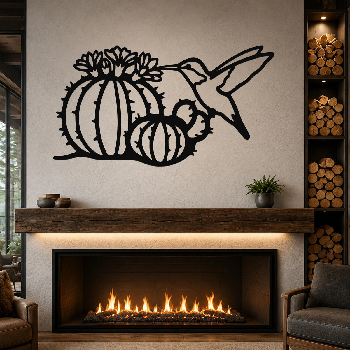 Black metal wall art featuring a hummingbird and barrel cactus with flower cutouts, mounted above a fireplace in a living room.