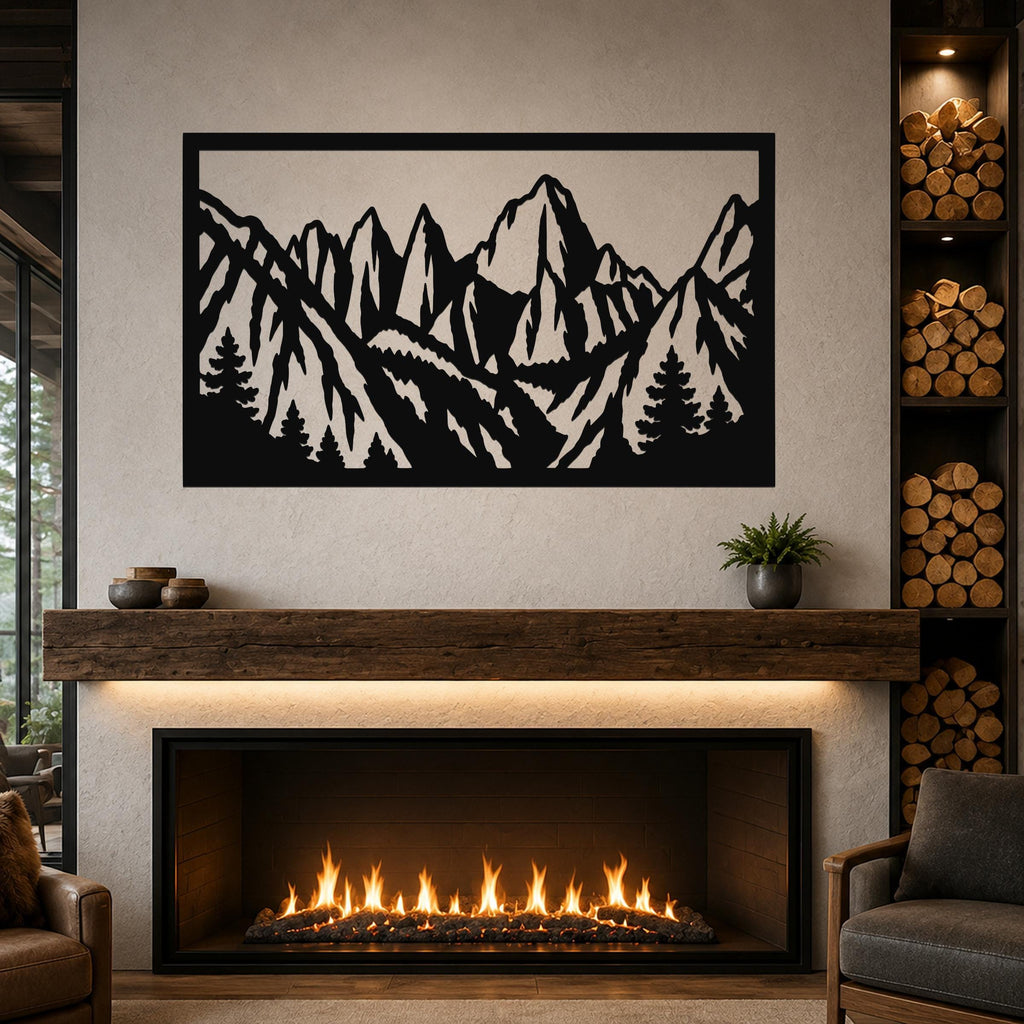 Black metal wall art with a mountain and pine tree silhouette, mounted above a fireplace in a living room.