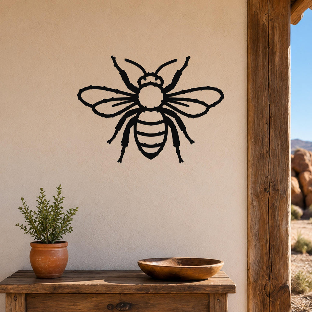 Black metal honey bee wall art with detailed cutout wings and stripes, mounted on a beige stucco wall above a wooden table in a patio setting.