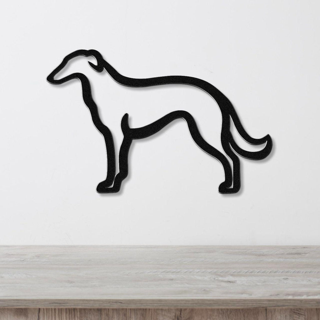 Black metal Borzoi dog wall art silhouette with a smooth, powder-coated finish, mounted on a white wall above a light wood surface.