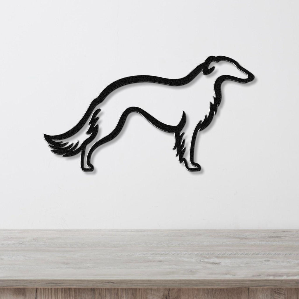 Black metal Borzoi dog wall art silhouette with detailed tail and leg cutouts, mounted on a white wall above a light wood counter.