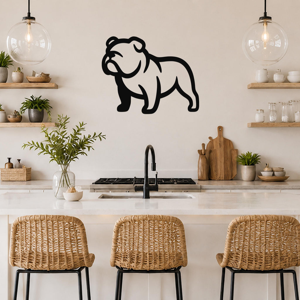 Black metal bulldog wall art silhouette mounted on a kitchen wall above a counter, with wicker bar stools and open shelving visible below.