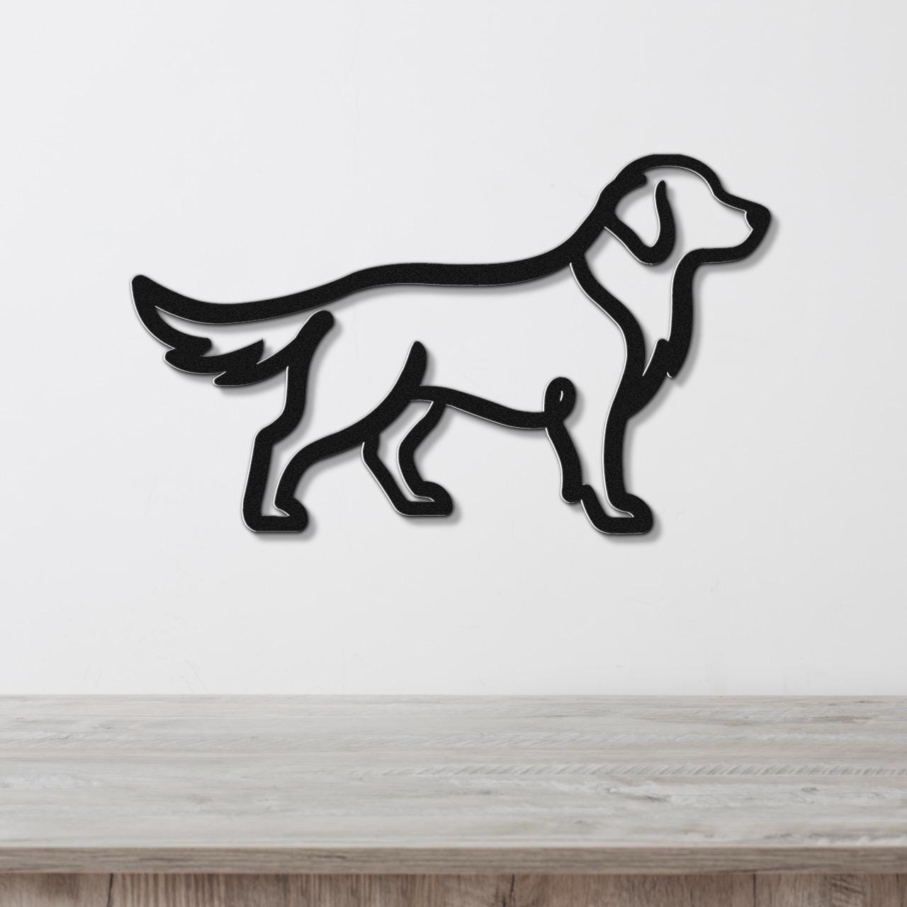 Black metal wall art in the silhouette of a standing dog, mounted on a white wall above a light wood surface.