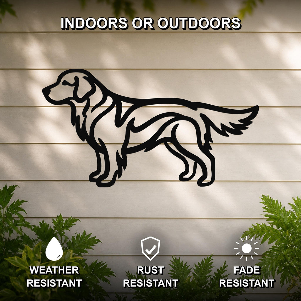 Black metal wall art featuring a golden retriever silhouette, mounted on a light-colored outdoor wall with greenery, weather resistant, rust resistant, and fade resistant.
