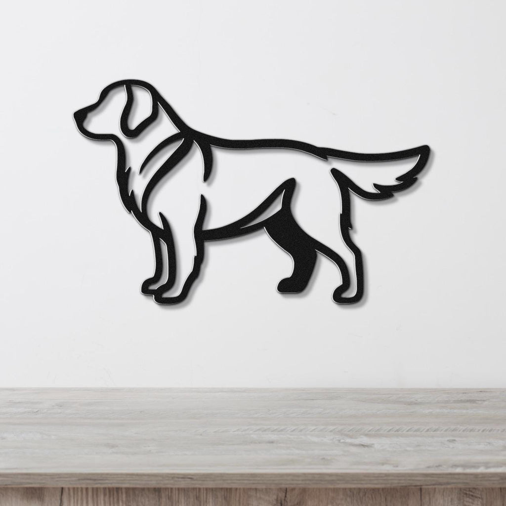 Black metal wall art cutout of a standing golden retriever, mounted on a white wall above a light wood surface.
