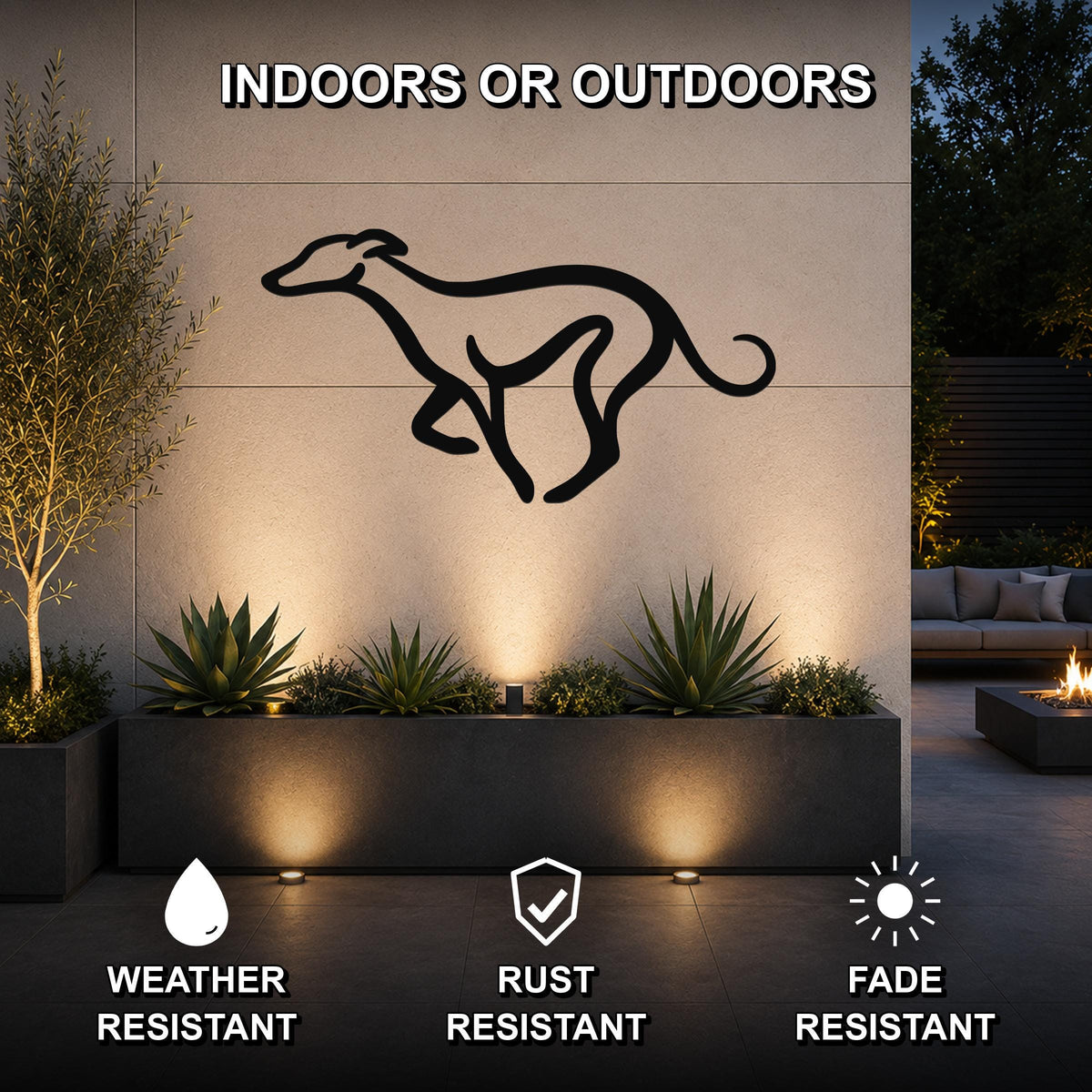 Black metal greyhound silhouette wall art mounted on an outdoor wall above a planter, with text indicating it is weather, rust, and fade resistant for indoor or outdoor use.
