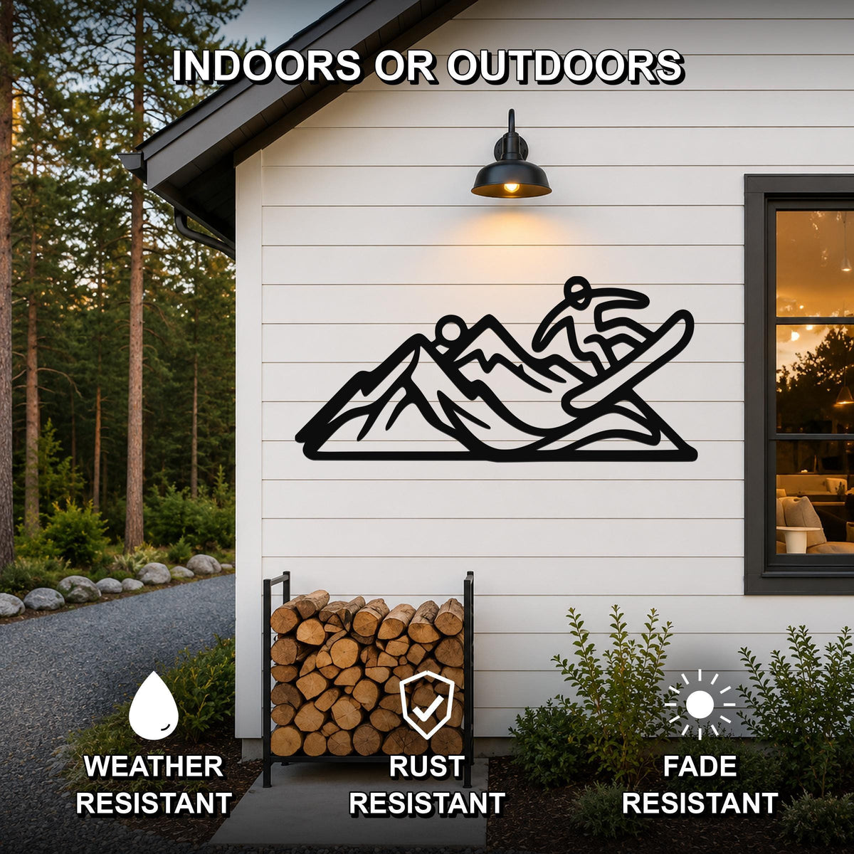 Black metal wall art featuring a snowboarder silhouette in motion over mountain peaks, mounted on a white exterior wall above a firewood rack.