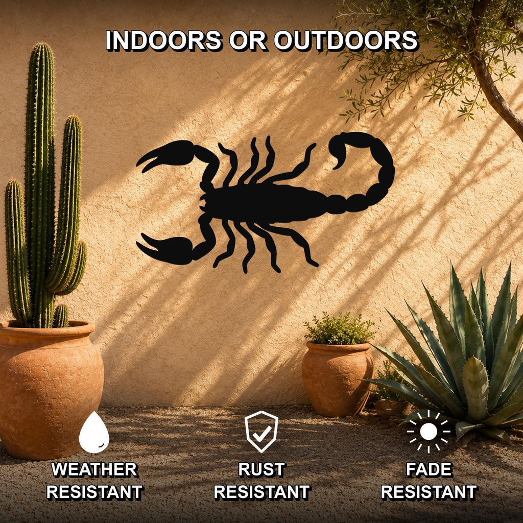 Black metal scorpion wall art silhouette mounted on an outdoor stucco wall, surrounded by potted cacti and succulents in a desert-style patio setting.