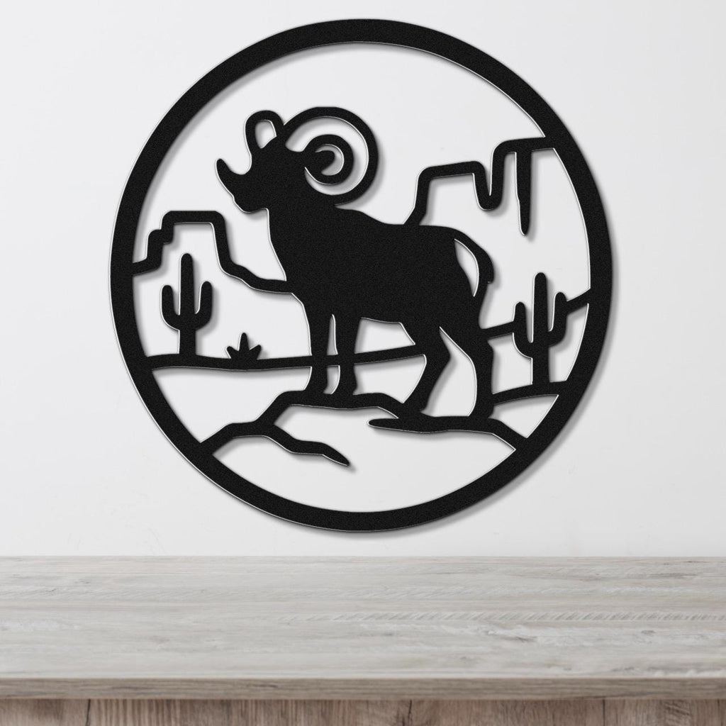 Bighorn Sheep Metal Wall Art - Western Wildlife Decor, Curled Horns Design - Weatherproof Steel, Indoor Outdoor Accent