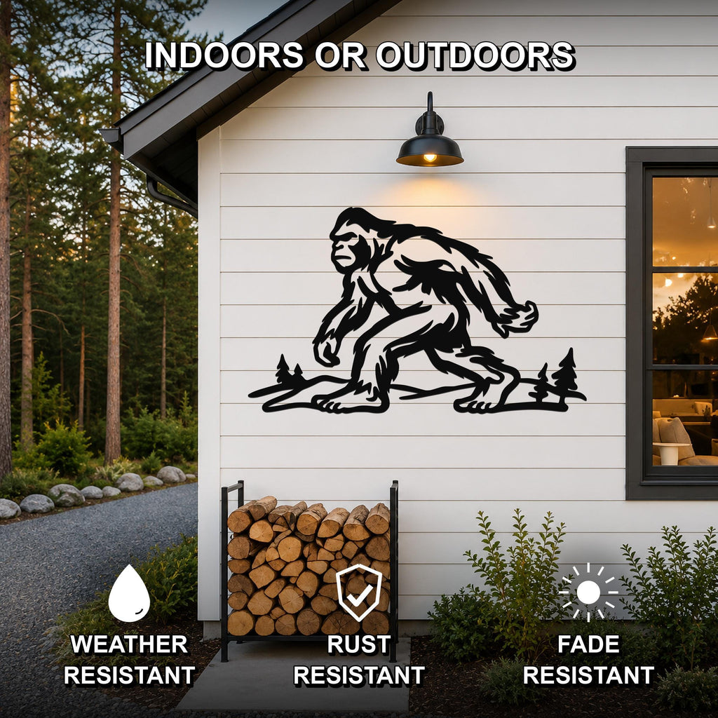 Black metal Bigfoot wall art silhouette with tree cutouts, mounted on a white exterior wall above a firewood rack.
