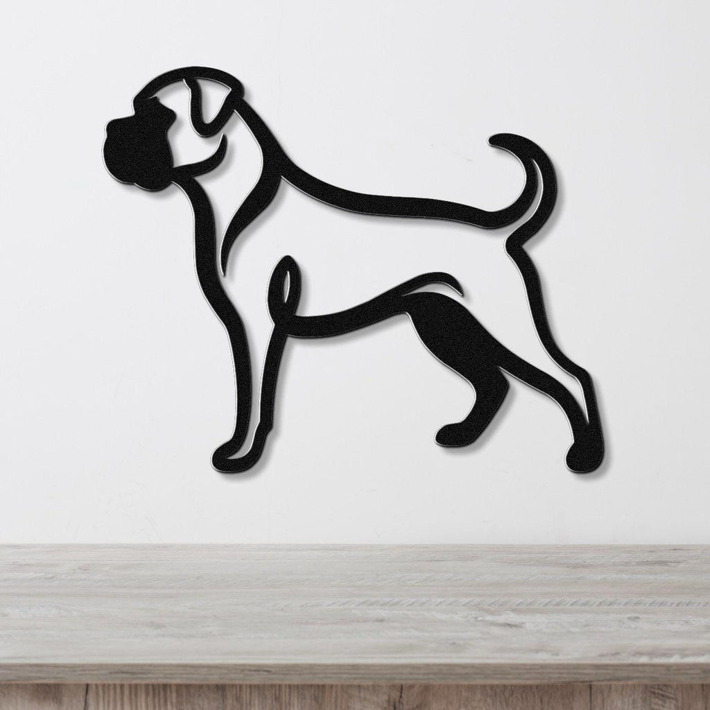 Black metal Boxer dog wall art in a bold silhouette style, mounted on a white wall above a light wood surface.