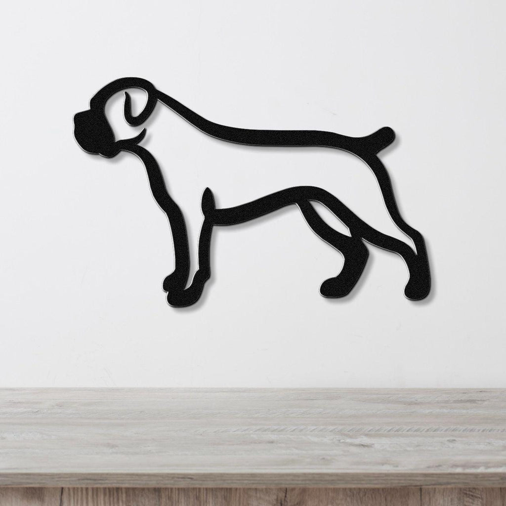 Black metal Boxer dog silhouette wall art with clean lines, mounted on a white wall above a light wood surface.
