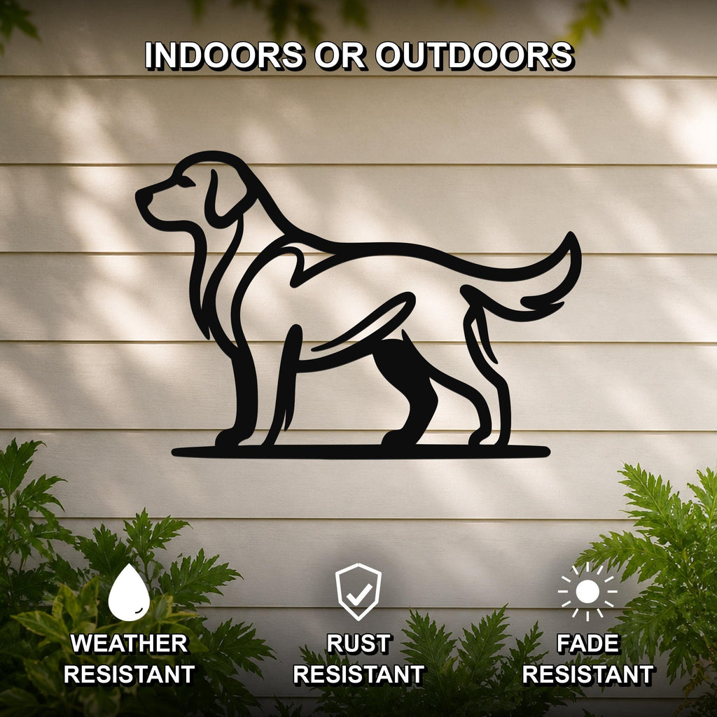 Black metal dog silhouette wall art of a standing Golden Retriever, mounted on a light-colored outdoor wall with greenery, weather resistant, rust resistant, and fade resistant.