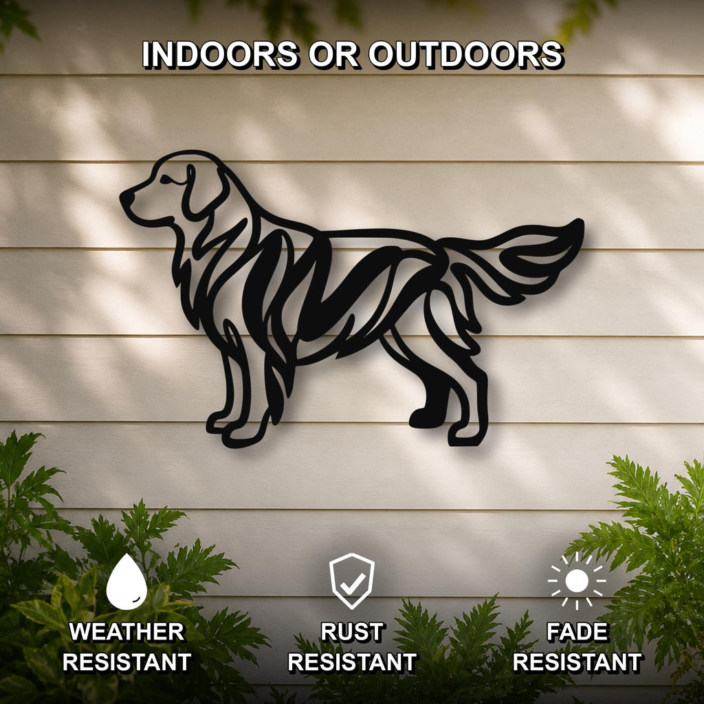 Black metal Golden Retriever wall art with internal cutout details, mounted on a light-colored outdoor wall with greenery below.