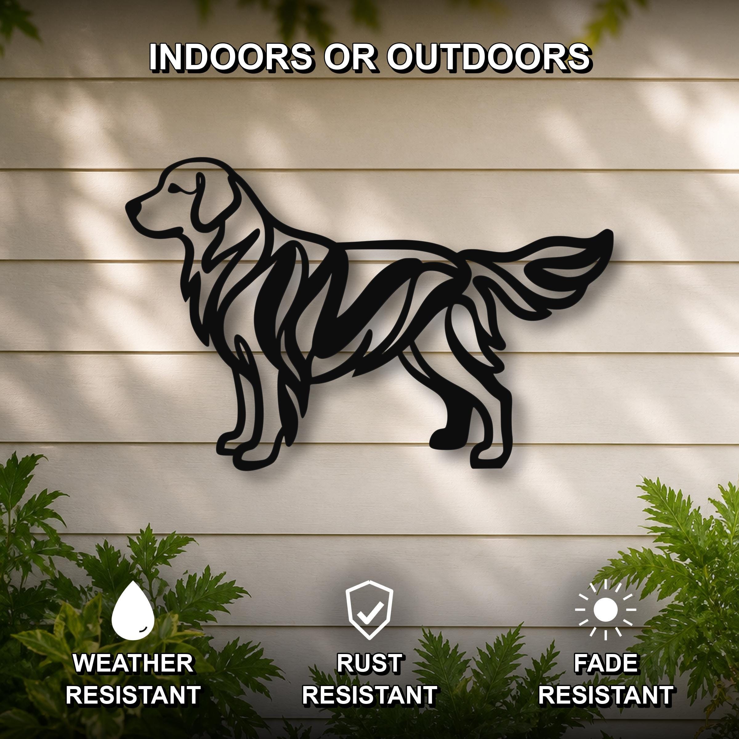 Black metal Golden Retriever wall art with internal cutout details, mounted on a light-colored outdoor wall with greenery below.