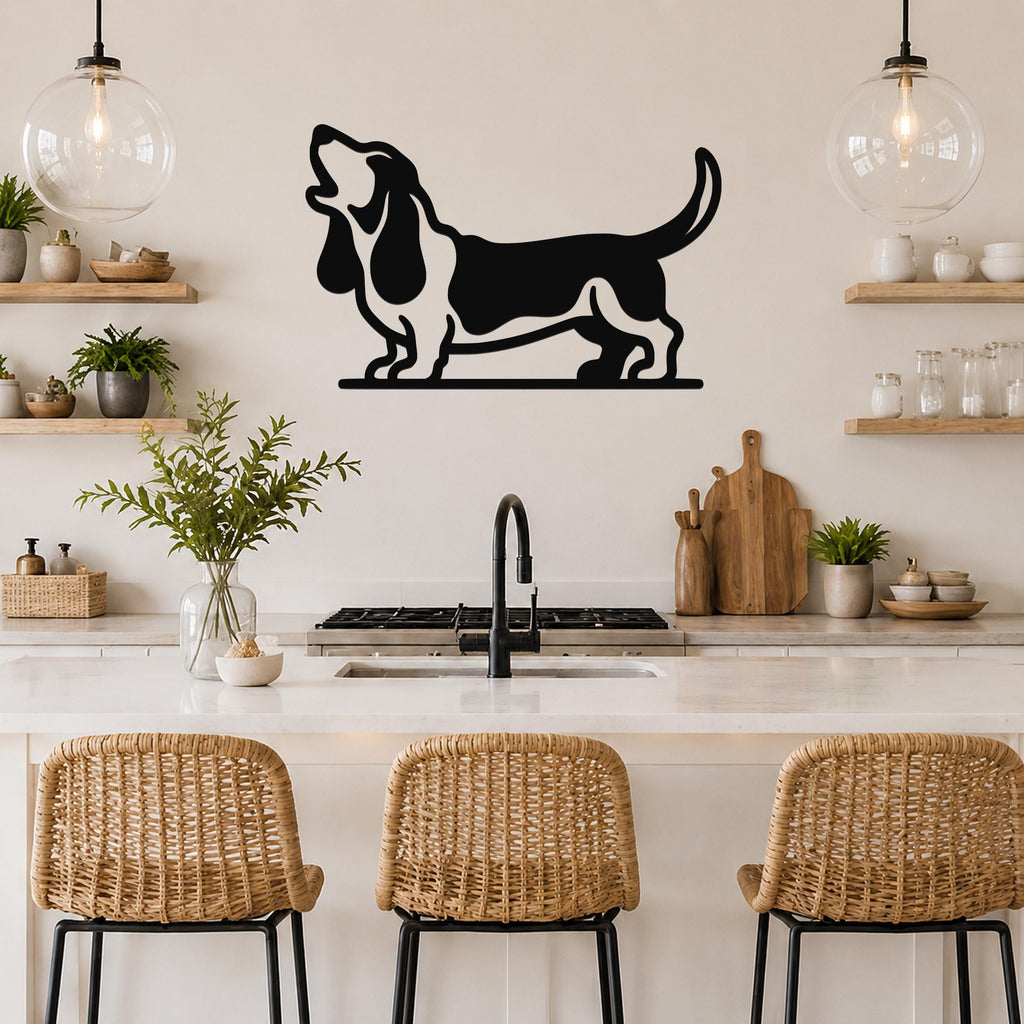 Black metal wall art of a howling basset hound silhouette, mounted on a kitchen wall above a counter.